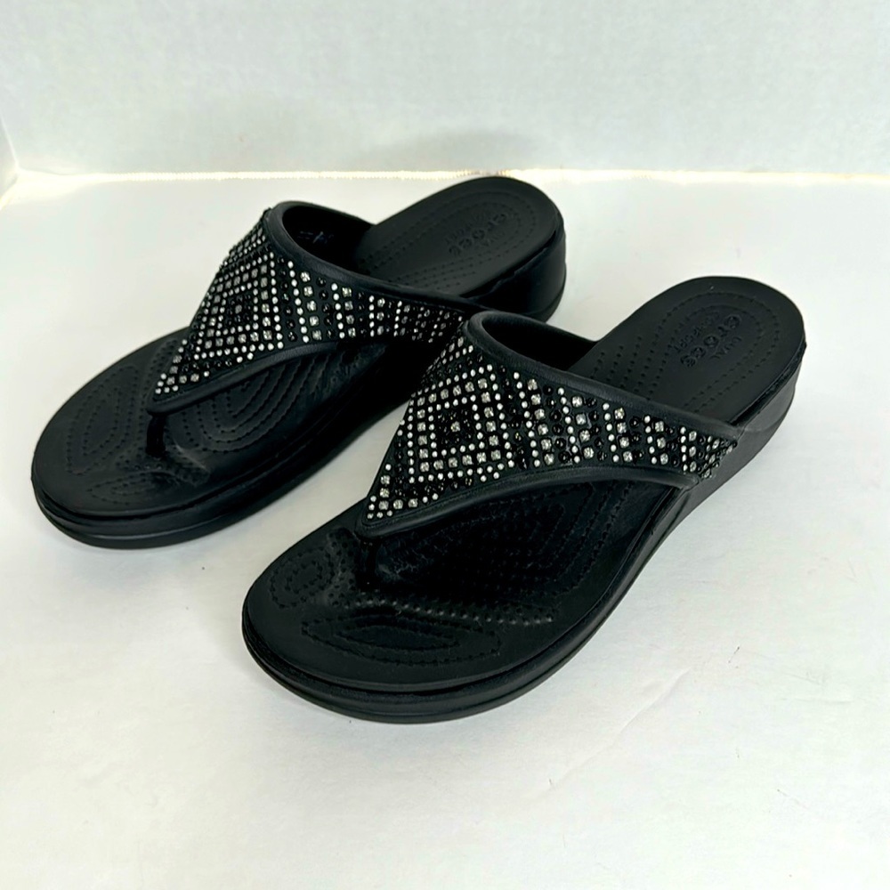 Crocs Monteray shimmer wedge sandal black sparkles women’s size 9 rhinestones